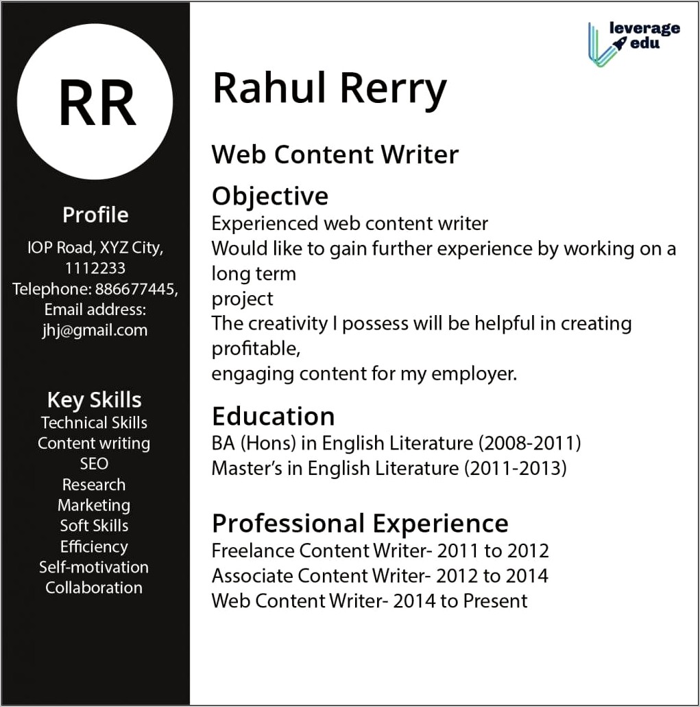 Web Content Writer Sample Resume