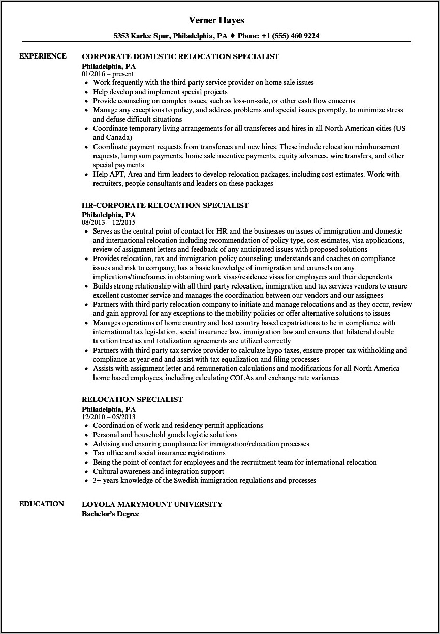 Willing To Relocate Resume Example
