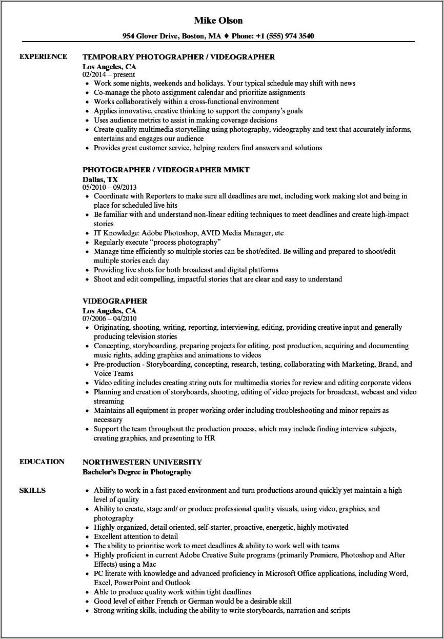 Work Resume For Videography Example