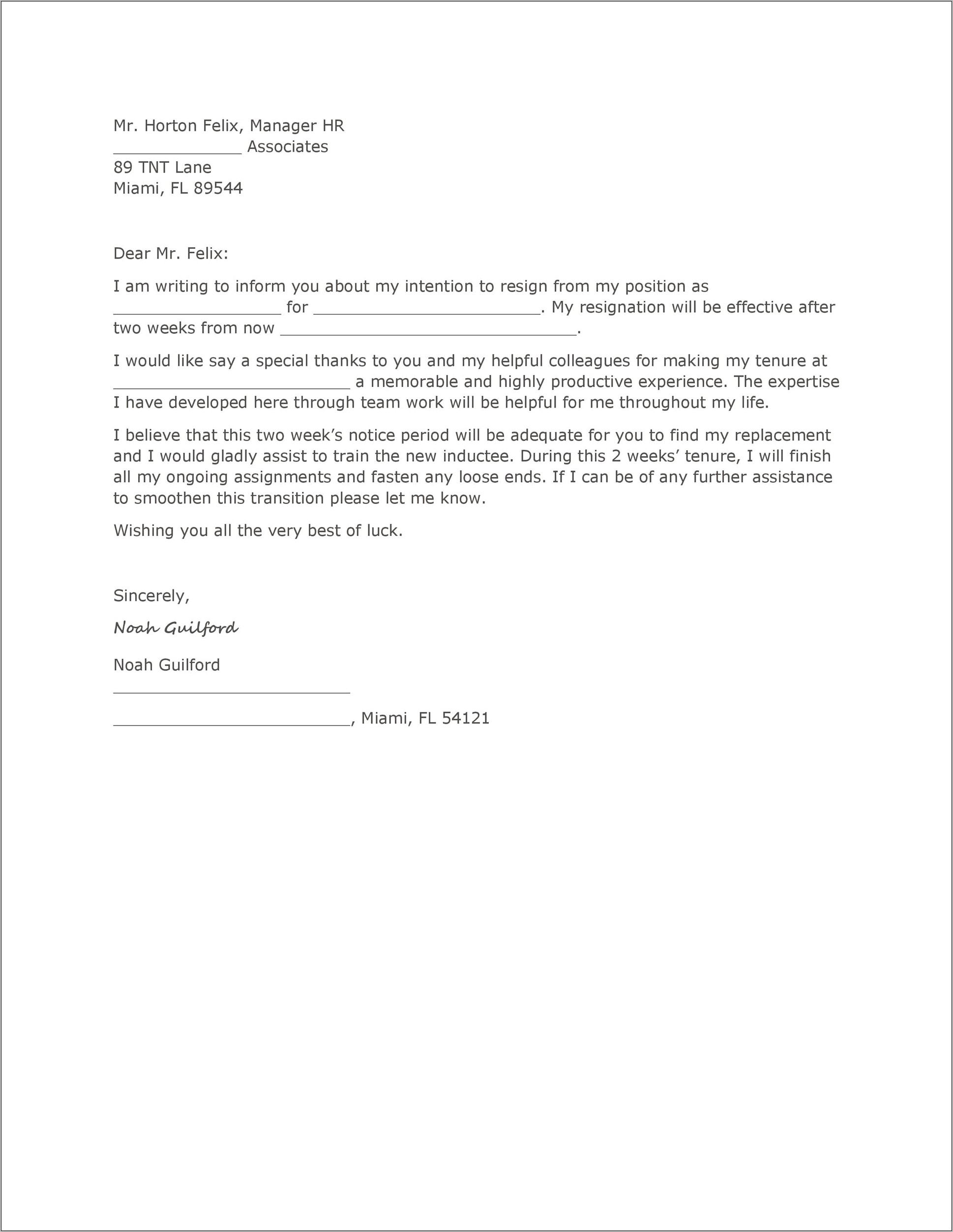 2 Week Notice Letter Template Free