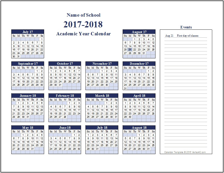 2018 19 Academic Calendar Template Free