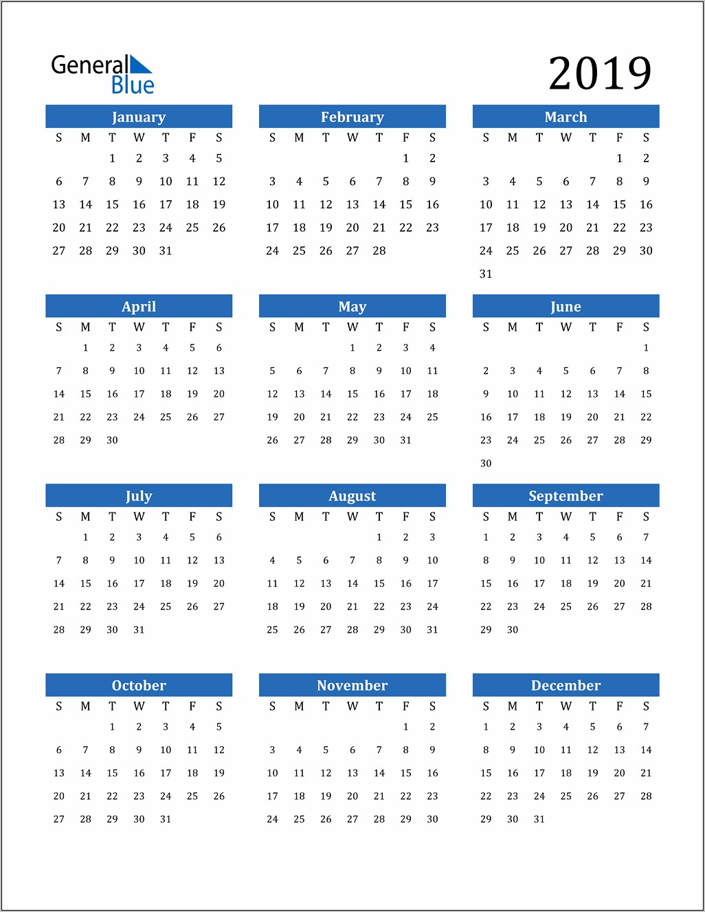 2019 Calendar Template Free To Print