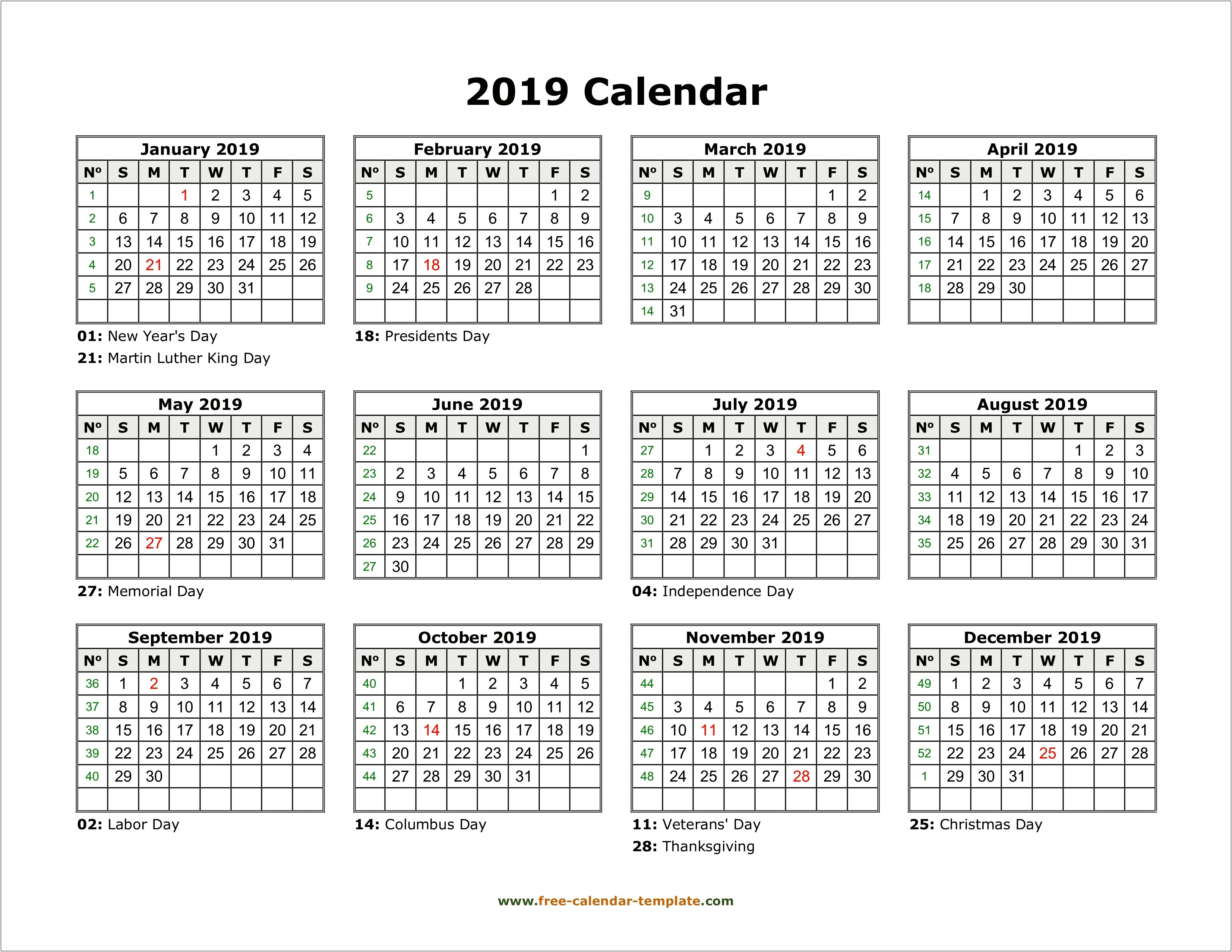 2019 Free Printable Vertical Calendar Templates