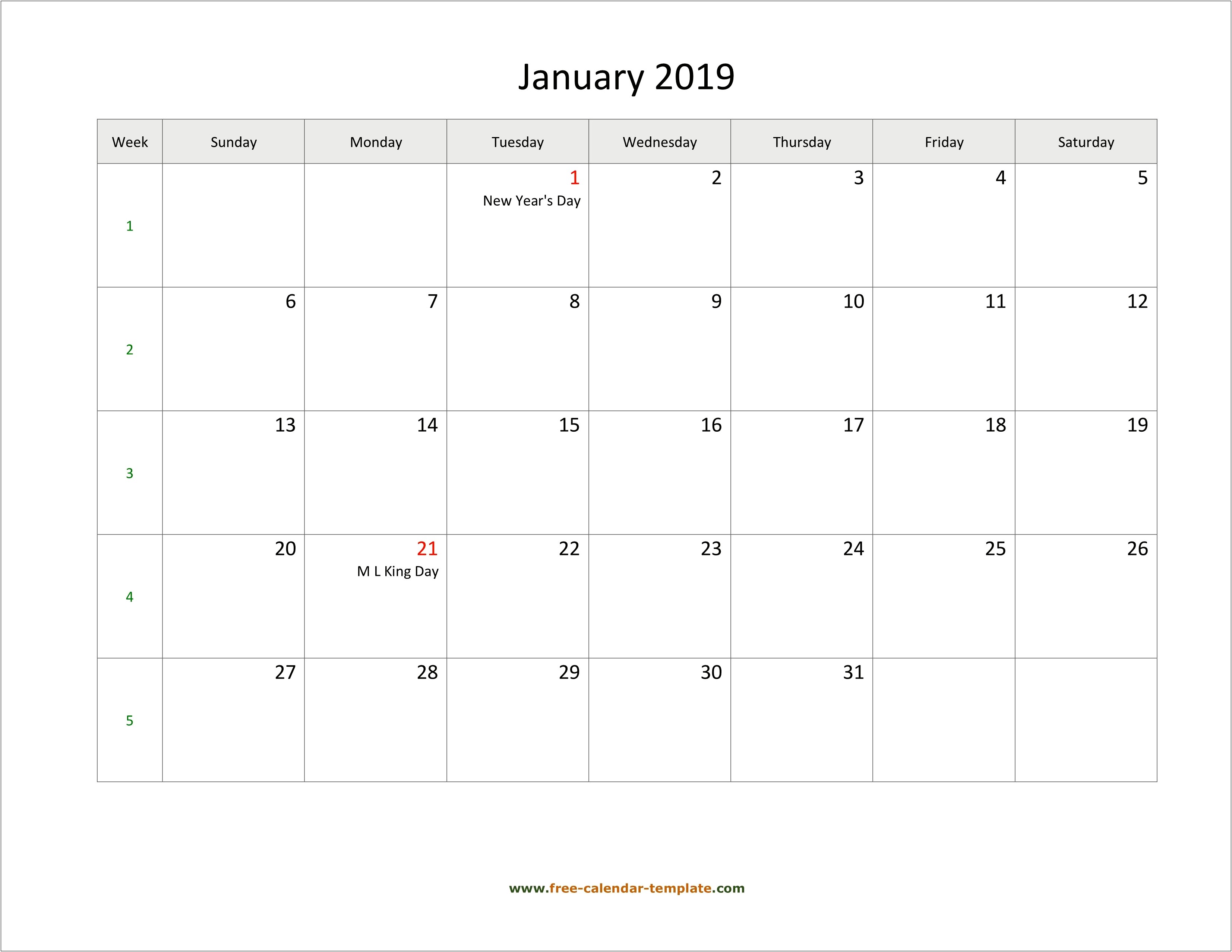 2019 Monthly Calendar Template Free Download