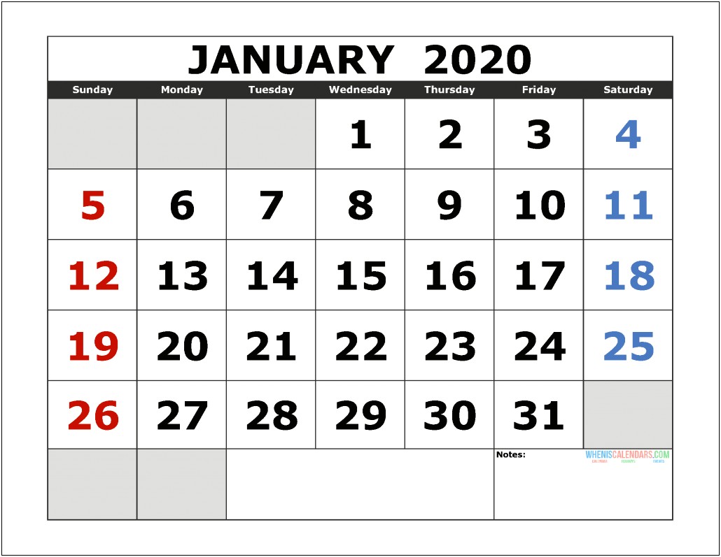 2020 Larger Print Calendar Free Templates