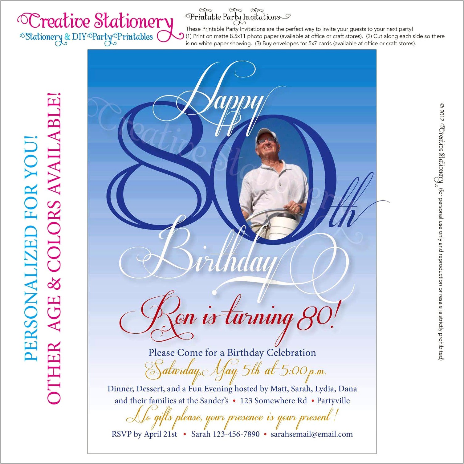80th Birthday Invitation Card Free Template