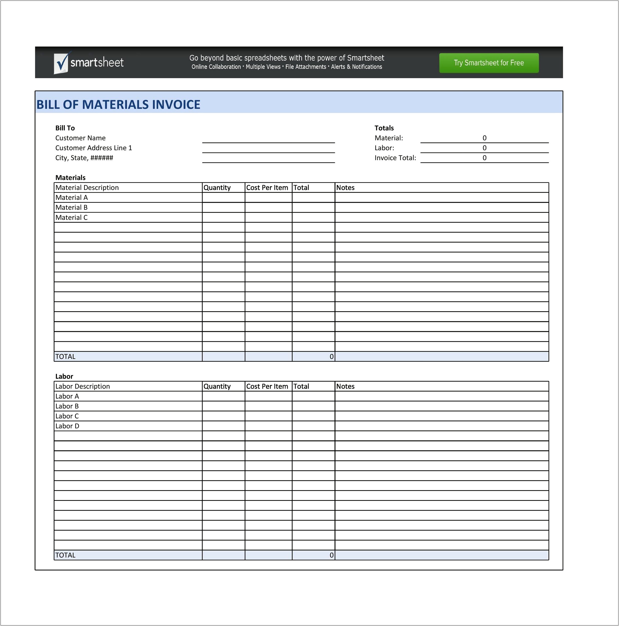 Access Bill Of Materials Template Free