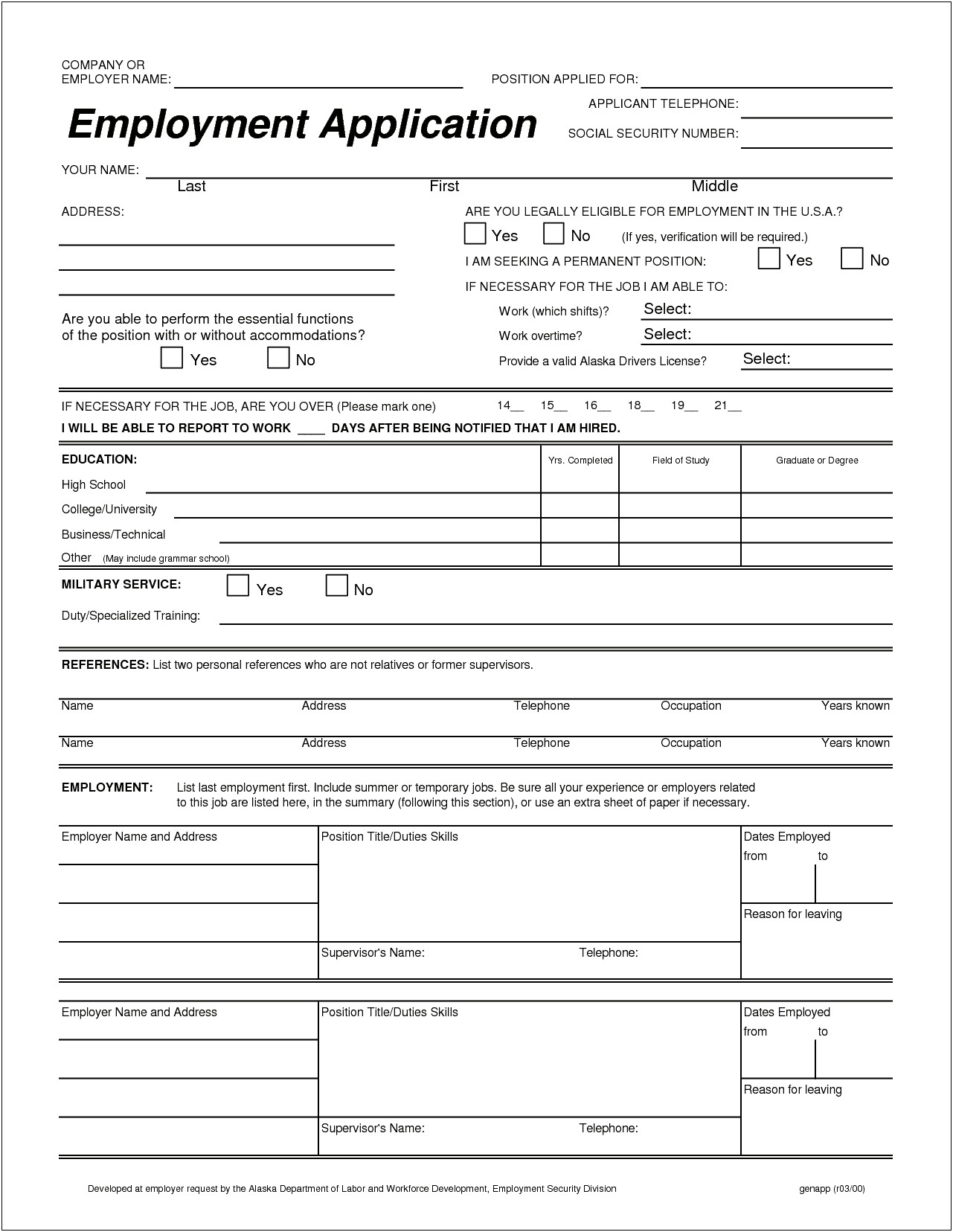 Application For Employment Form Free Template