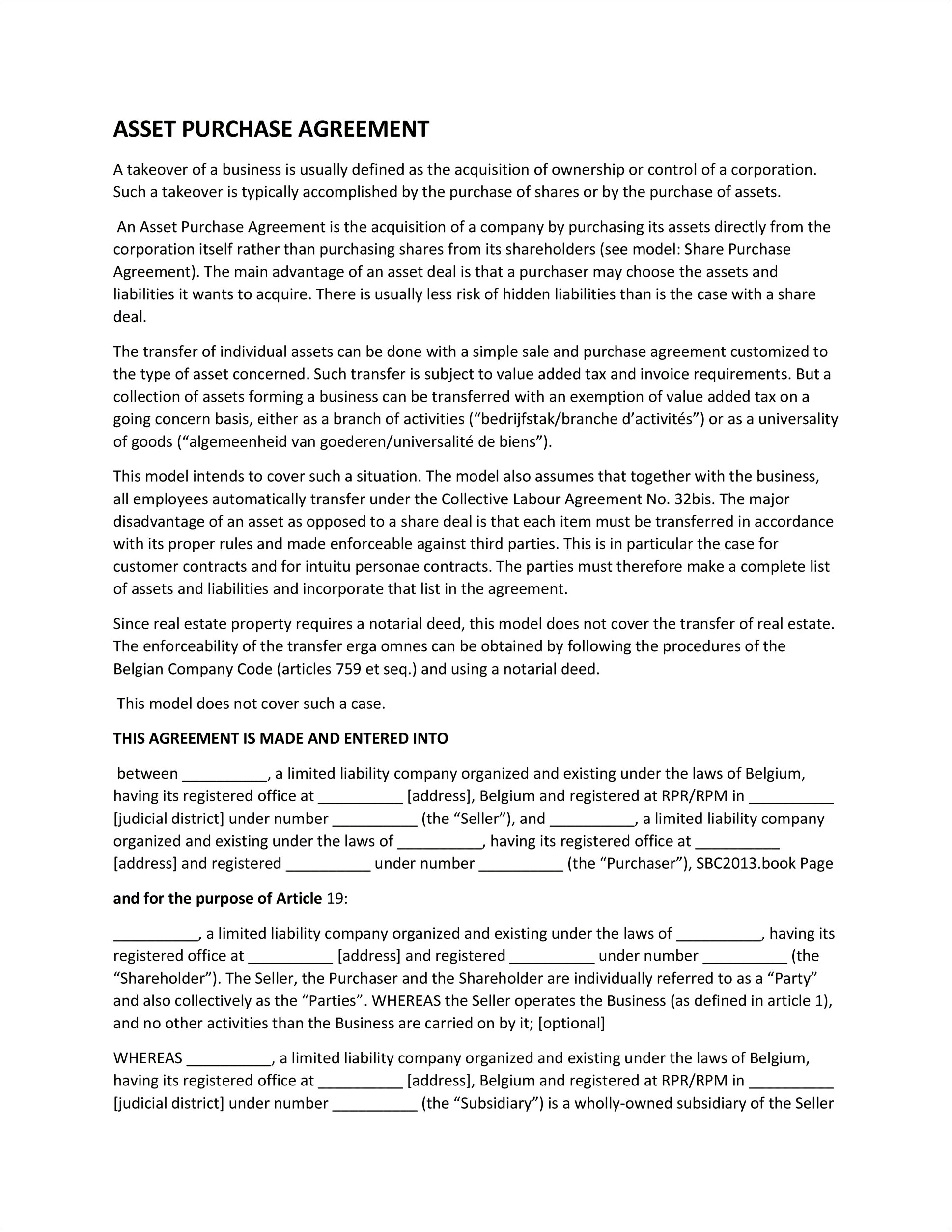 Asset Purchase Agreement Template For Free