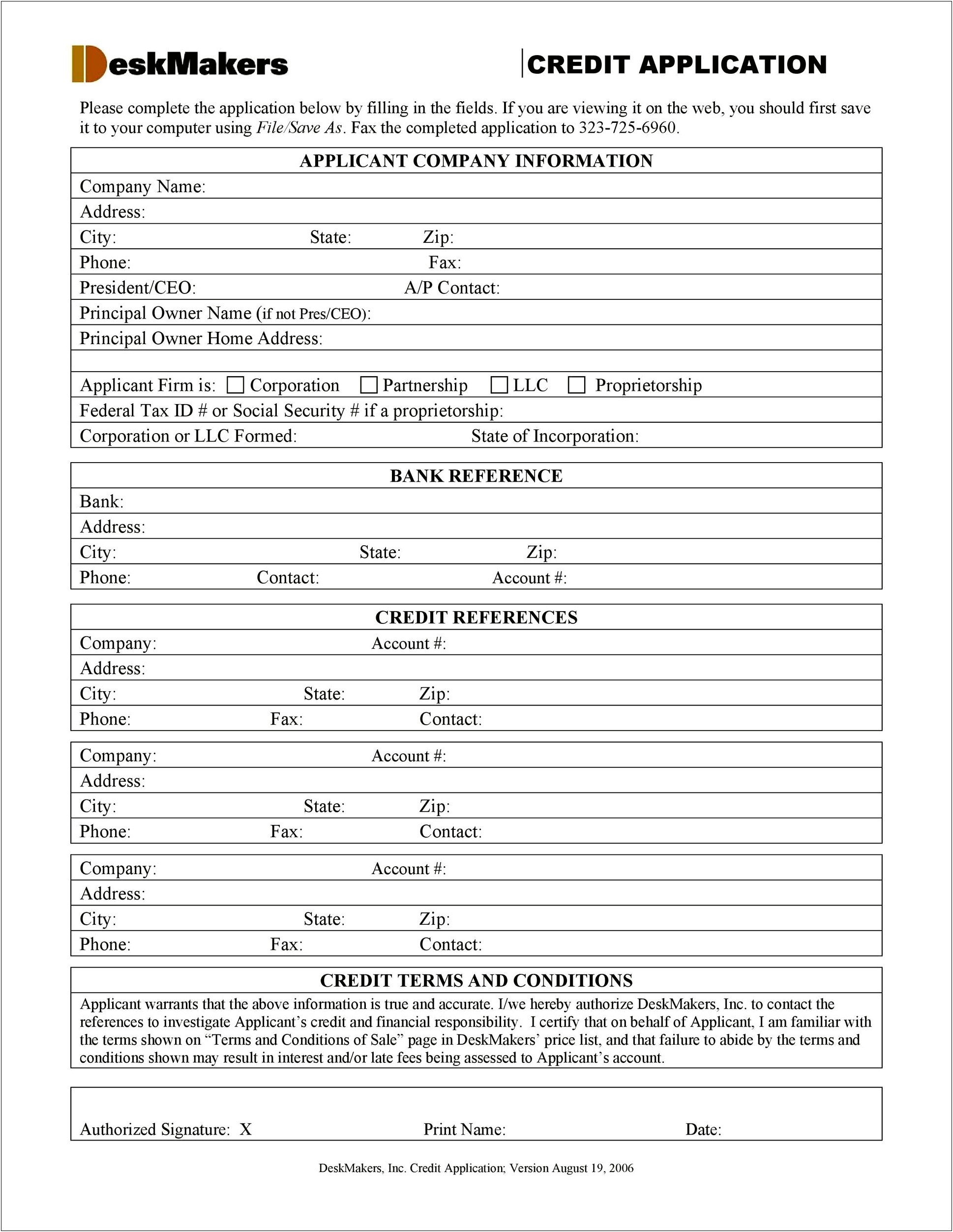 Auto Credit Application Form Template Free