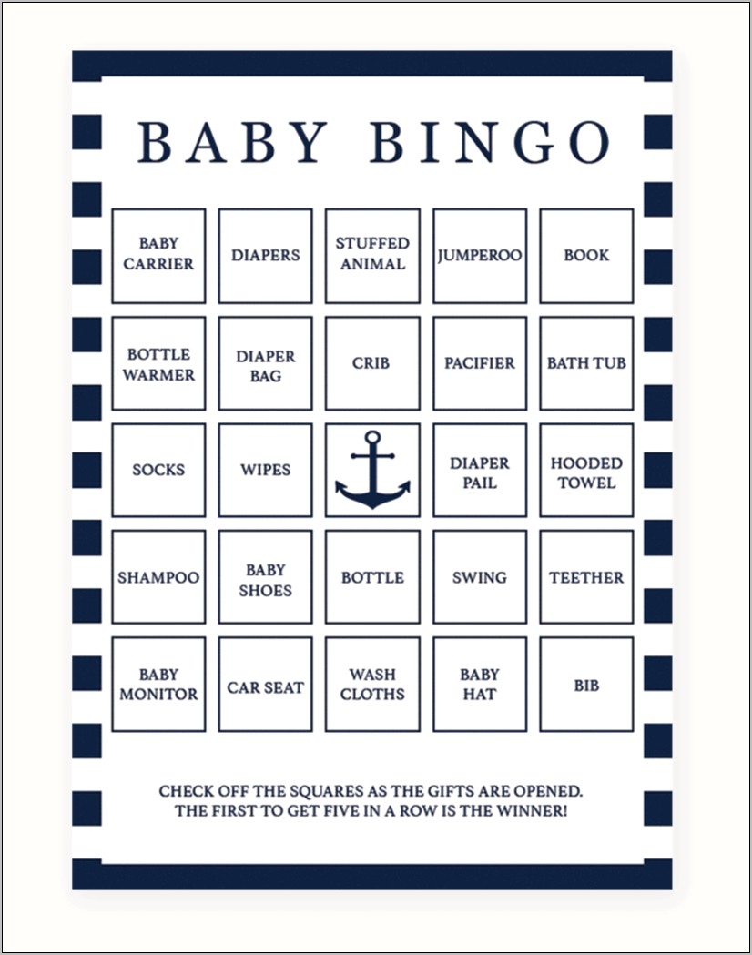 Baby Shower Bingo Template Blank Free