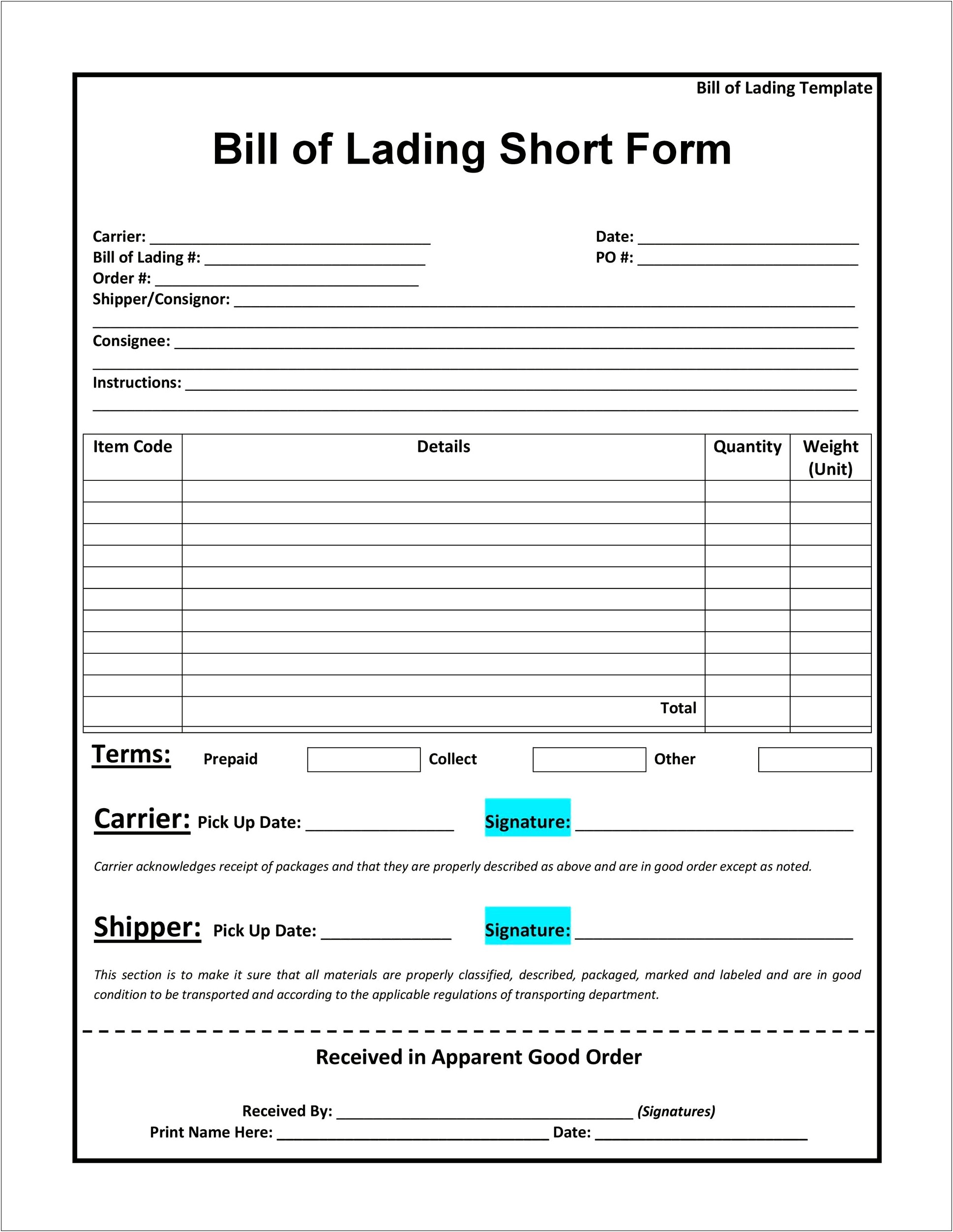 Bill Of Lading Pdf Free Template