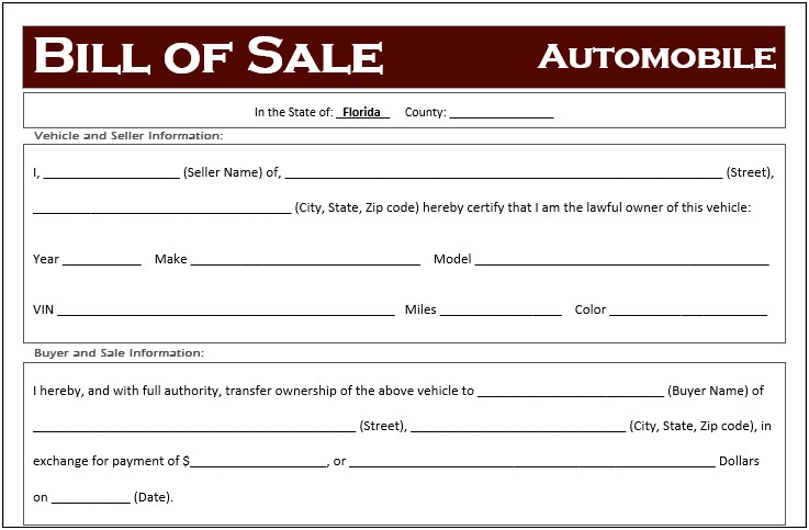 Bill Of Sale Florida Free Template