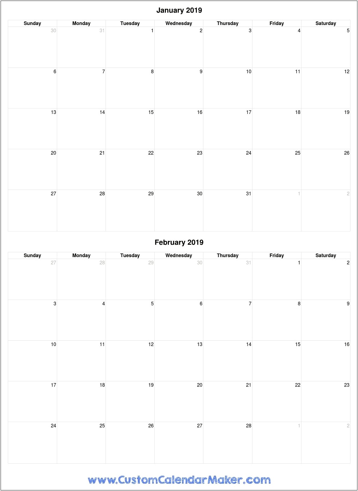 Blank January 2019 Calendar Template Free