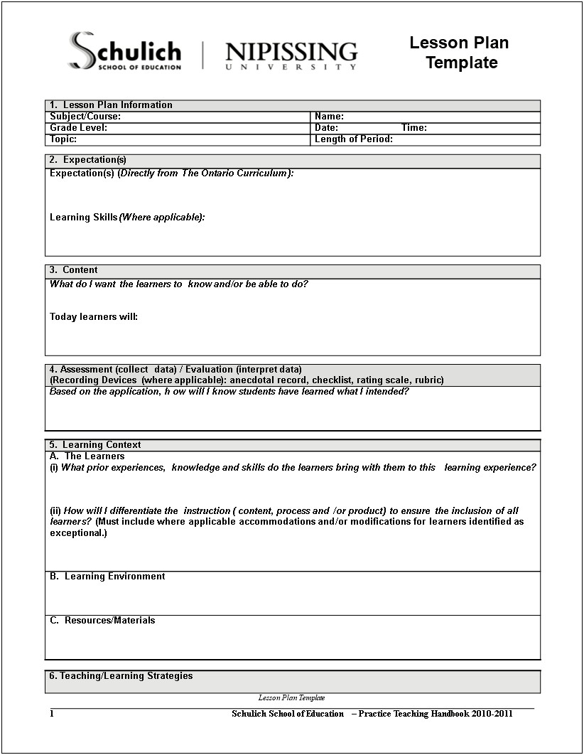 Blank Lesson Plan Template Free Download