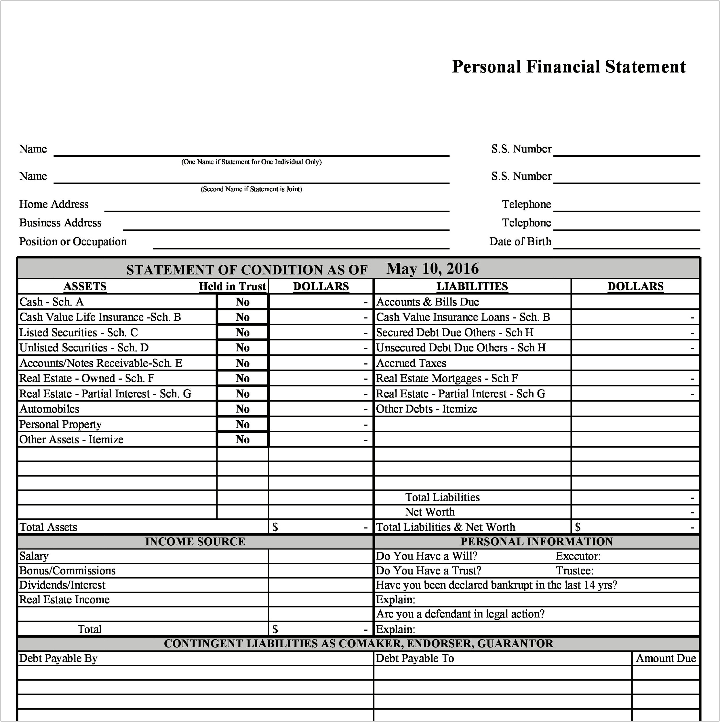 Blank Personal Financial Statement Template Free