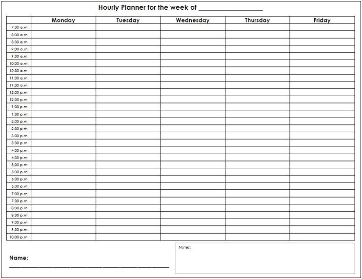 Blank Weekly Hourly Calendar Free Template