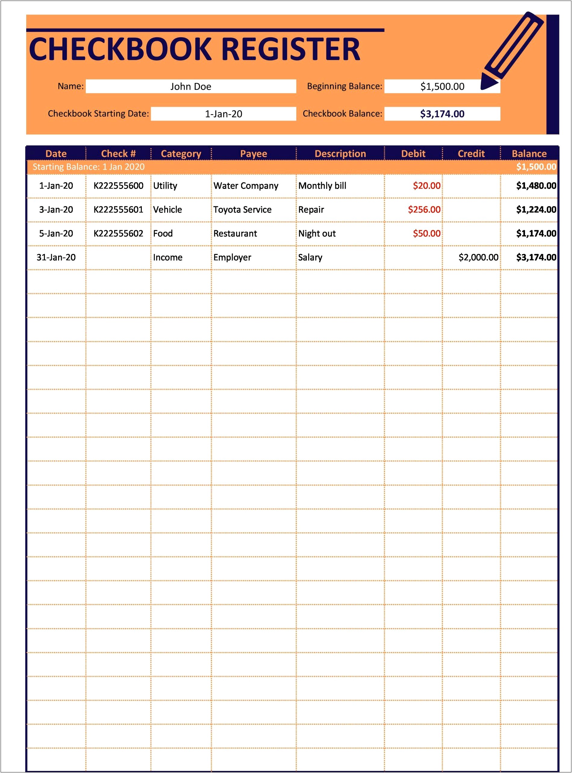 Busines Check Register Template Free Excel