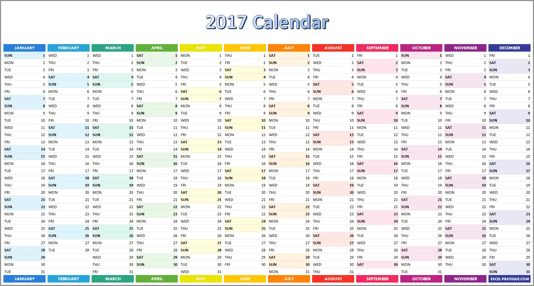 Calendar 2017 Template Excel Free Download