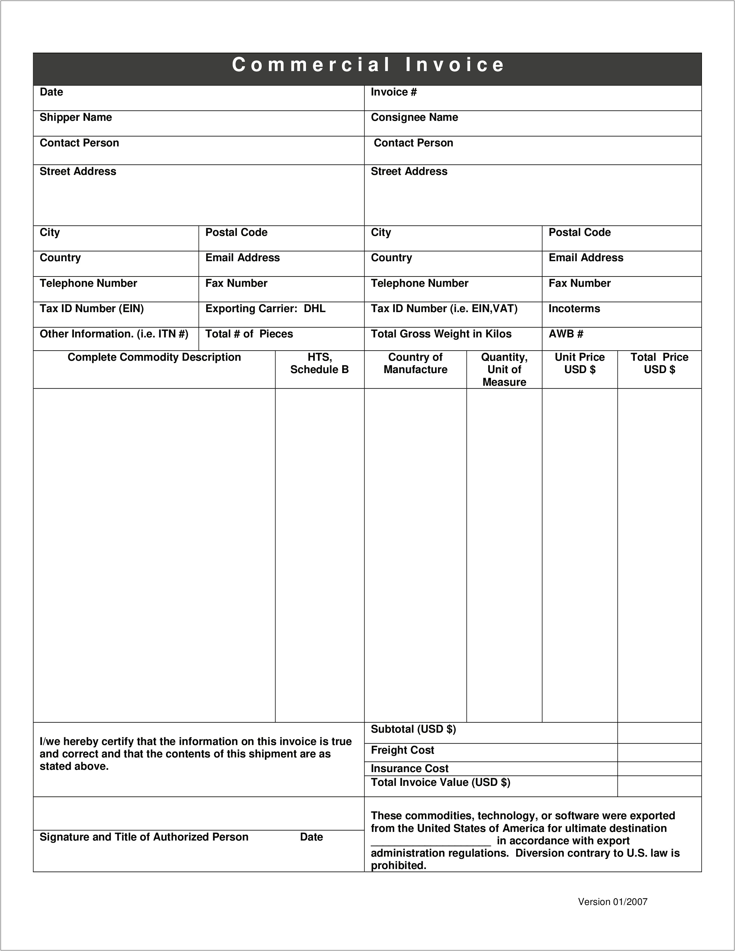 Commercial Invoice Template Excel Free Download