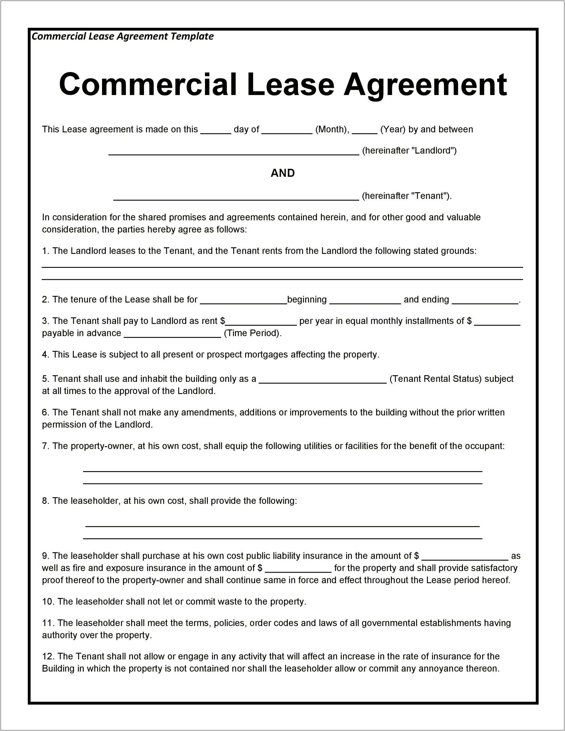 Commercial Lease Agreement Template Free Pdf