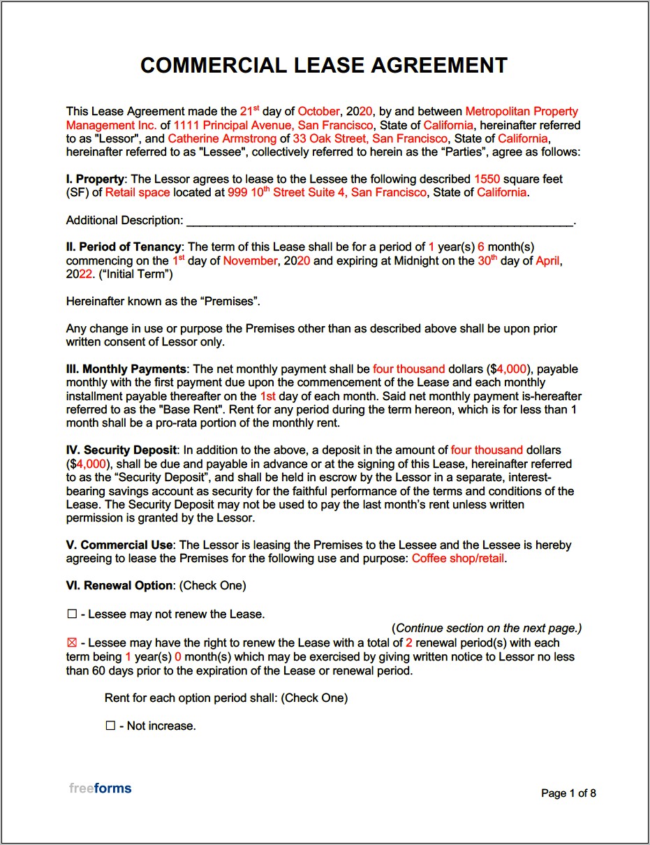 Commercial Property Lease Agreement Free Template