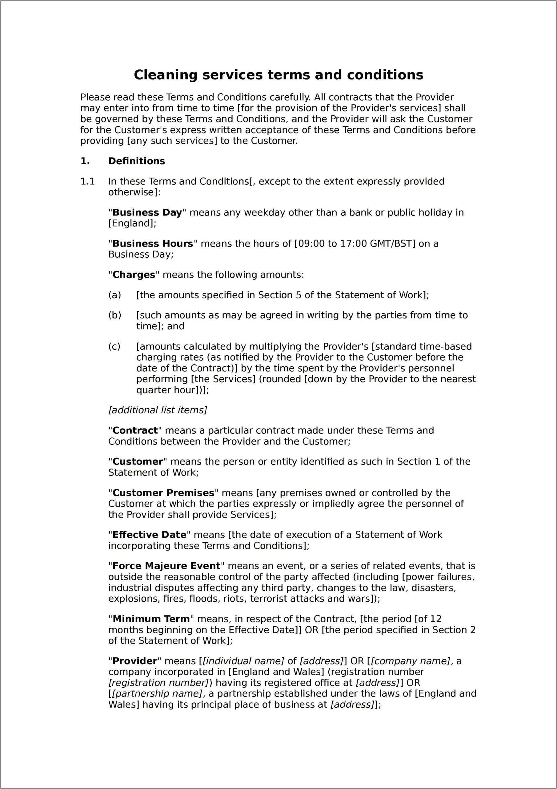 Contract Terms And Conditions Template Free