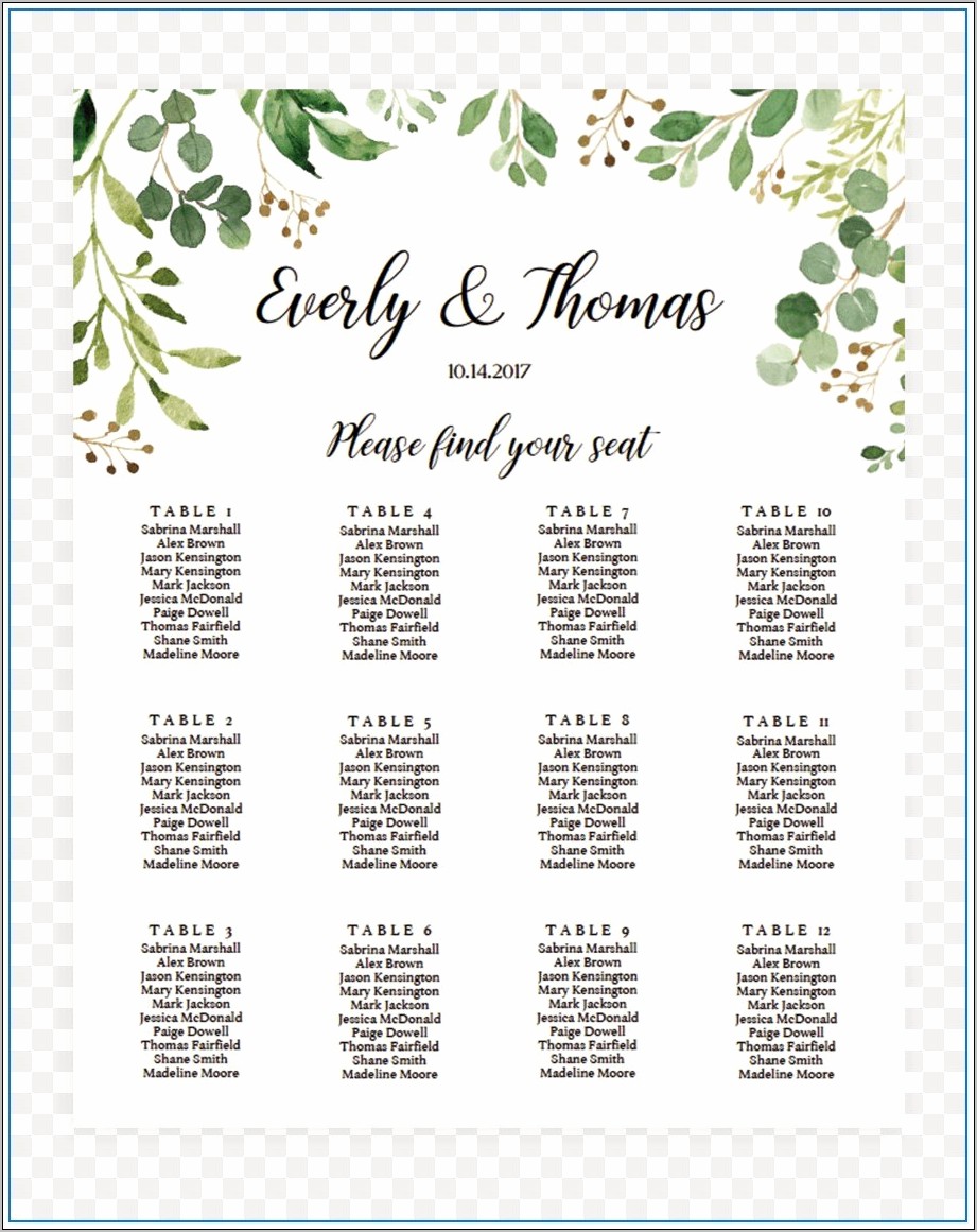 Downloadable Free Wedding Seating Chart Template