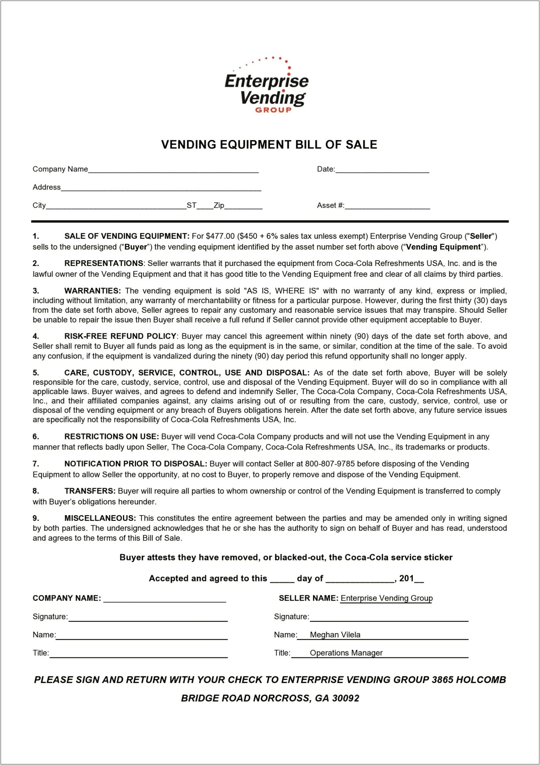 Equipment Bill Of Sale Free Template