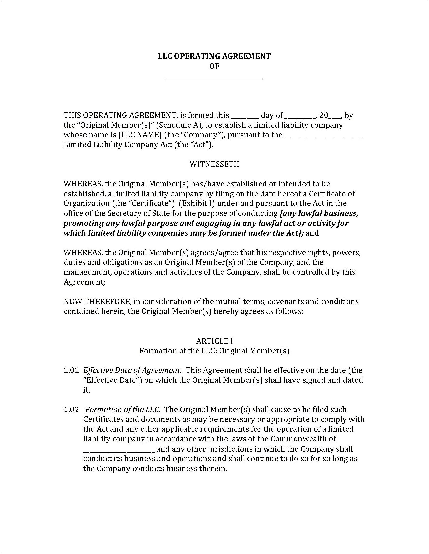 Florida Llc Operating Agreement Template Free