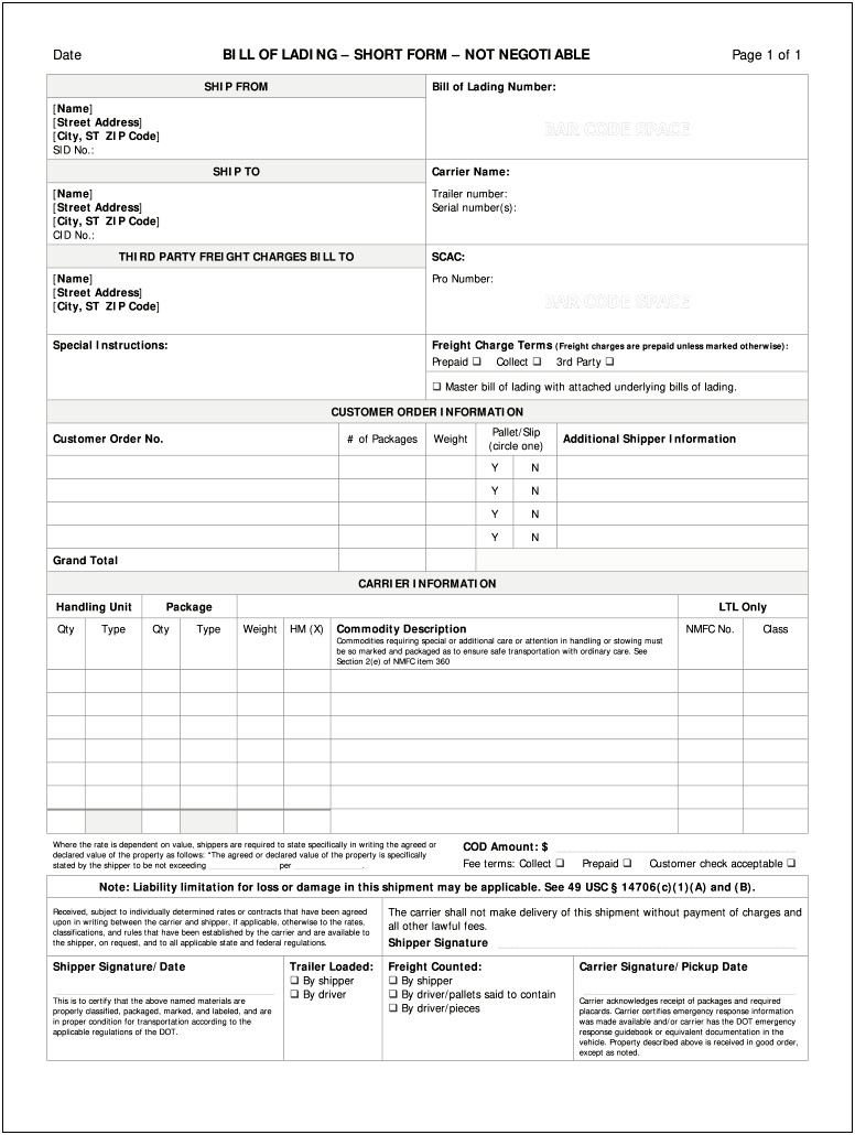 Free Bill Of Lading Template Pdf