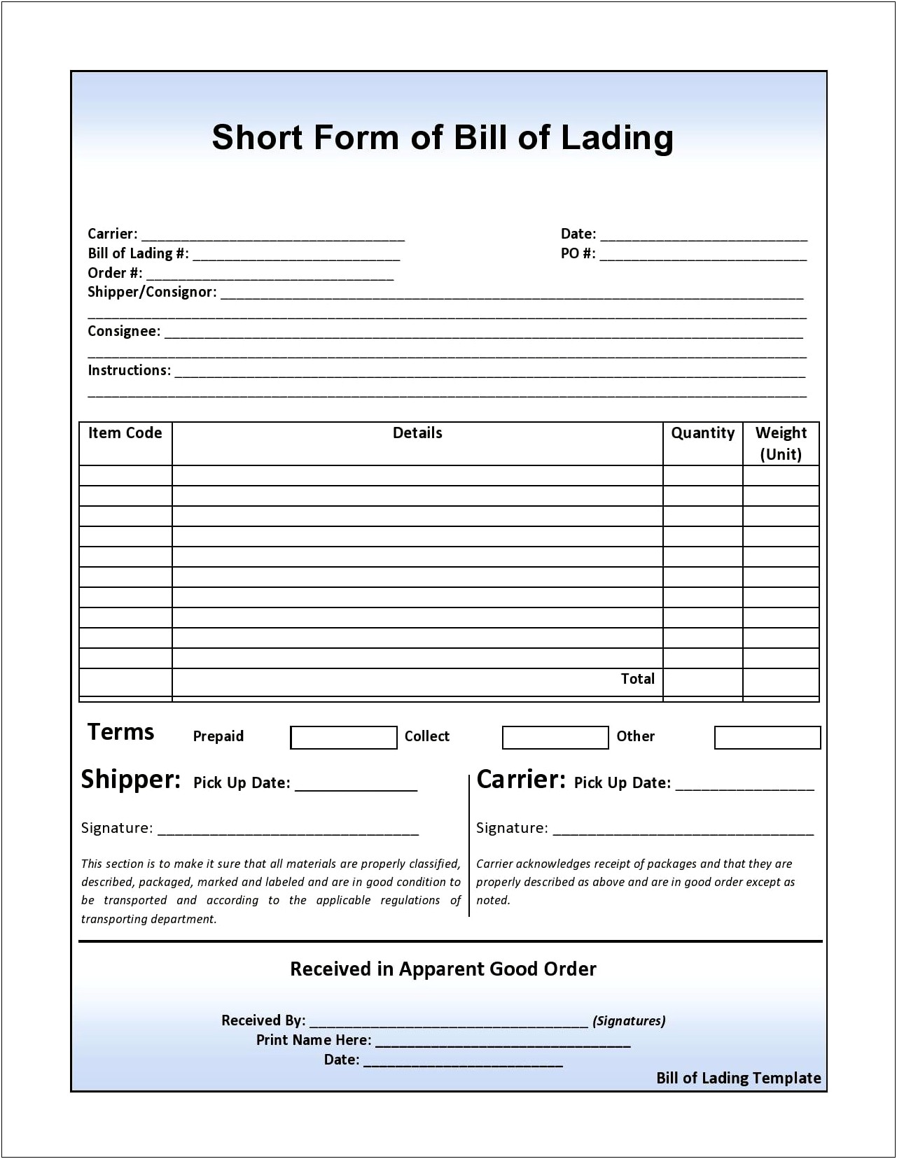 Free Bill Of Lading Template Word