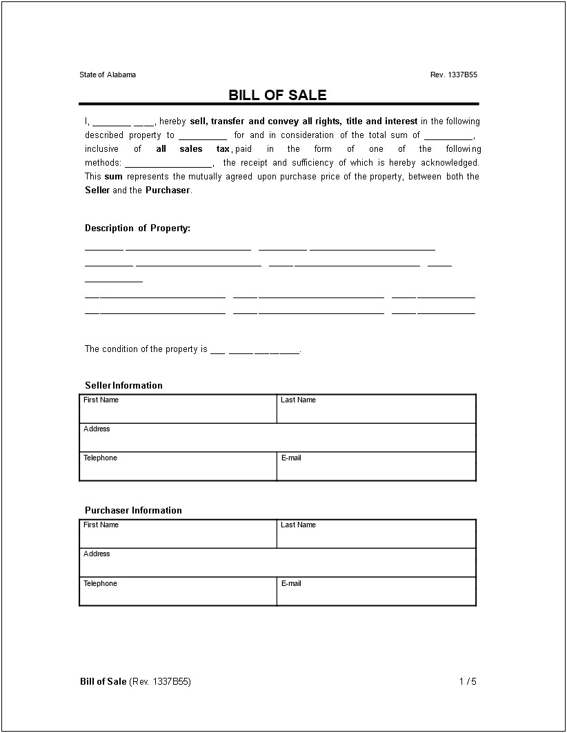 Free Bill Of Sale Template Printable