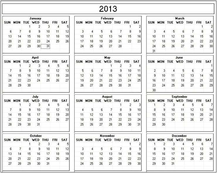 Free Blank Monthly Calendar Template 2013