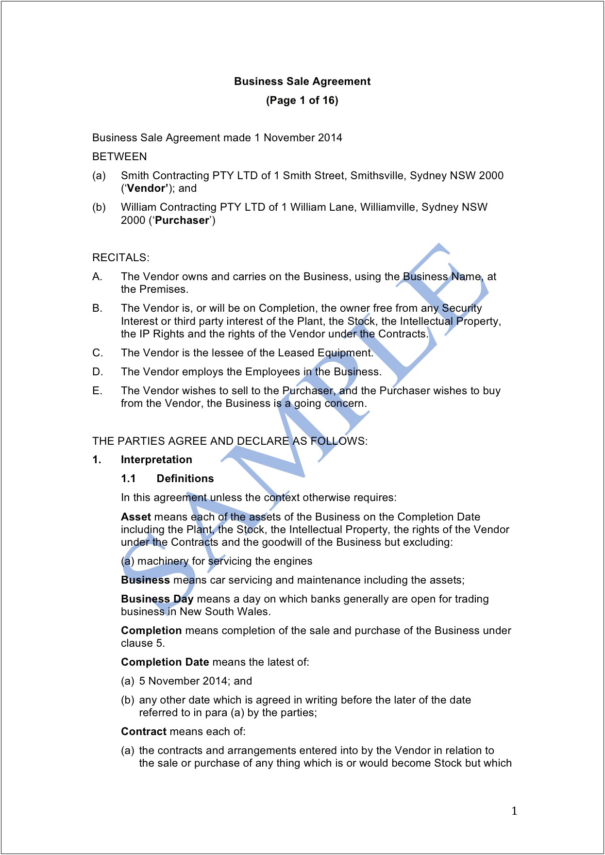 Free Business Sale Agreement Template Word
