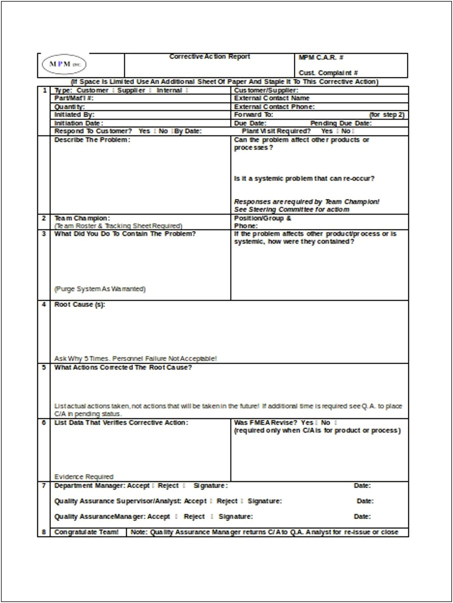 Free Corrective Action Report Template Word