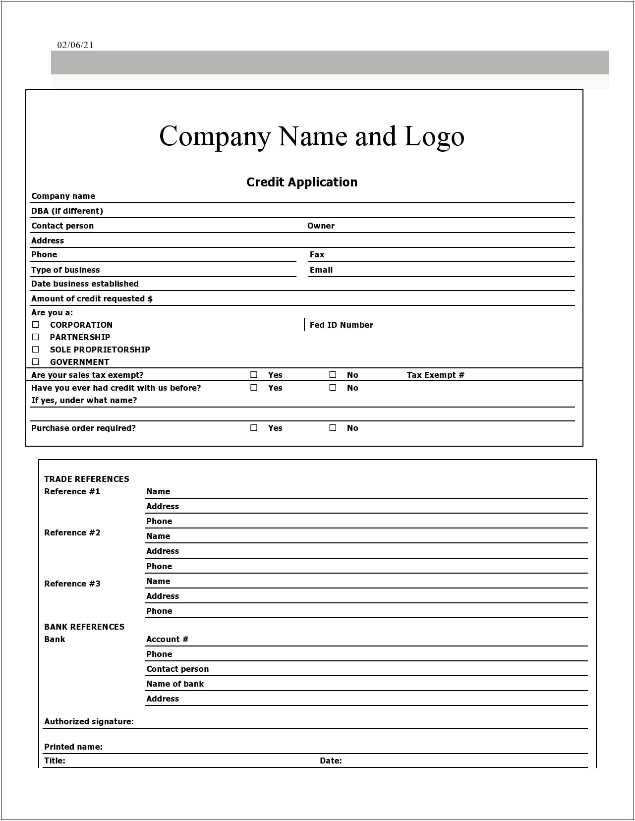 Free Credit Account Application Form Template