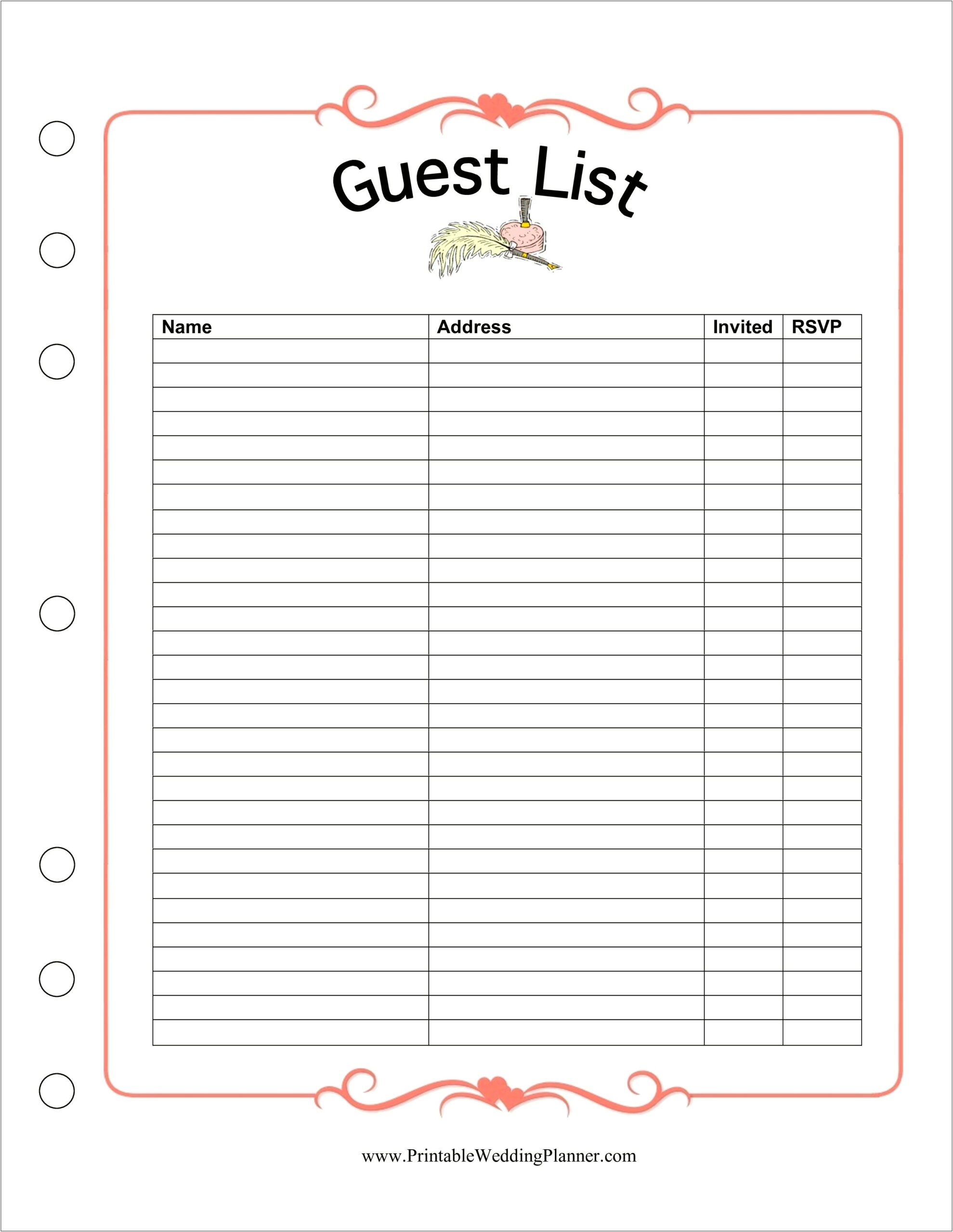 Free Download Wedding Guest List Template