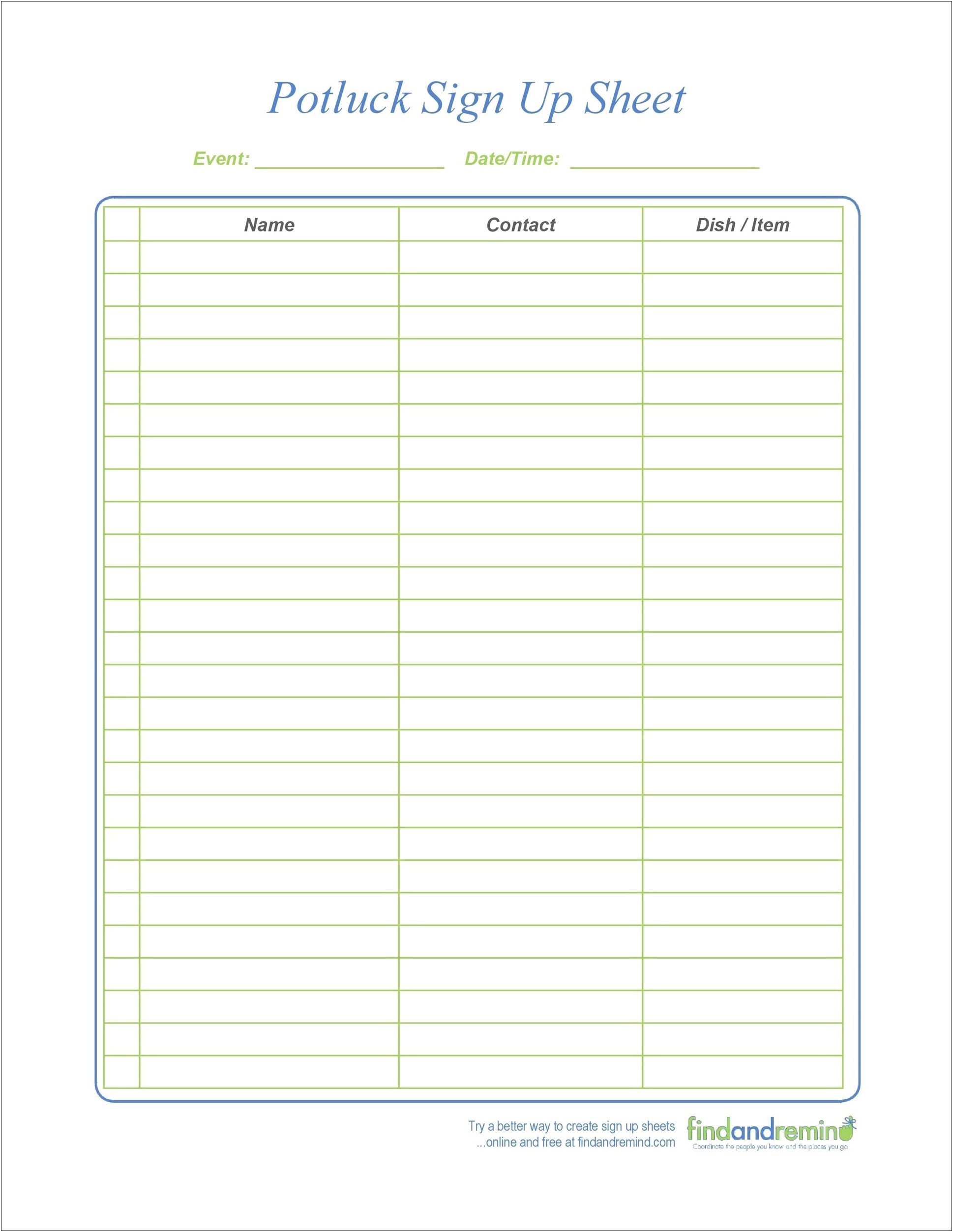 Free Food Sign Up Sheet Template