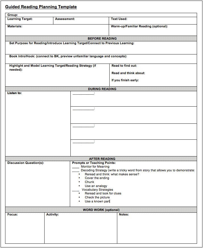 Free Guided Reading Lesson Plan Template