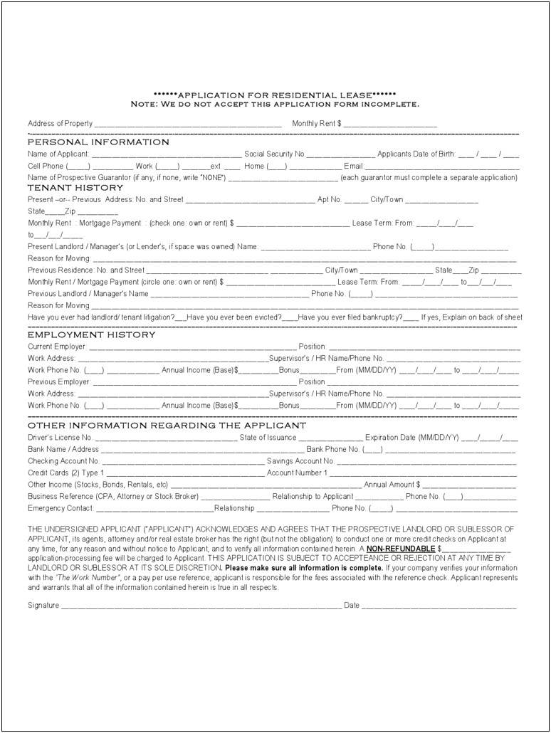 Free House Rental Application Form Template