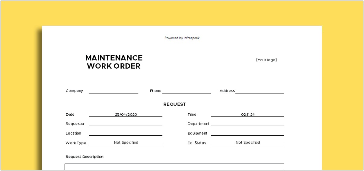 Free Maintenance Work Order Template Excel