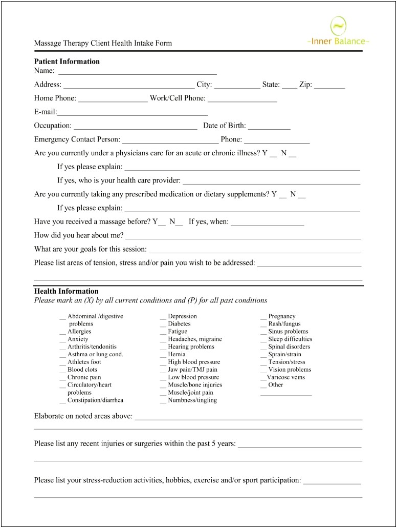 Free Massage Therapy Intake Form Template