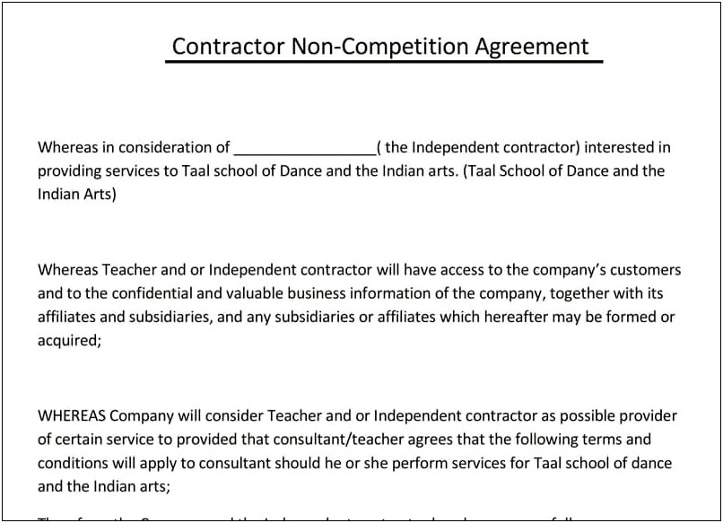 Free Non Compete Agreement Template Florida
