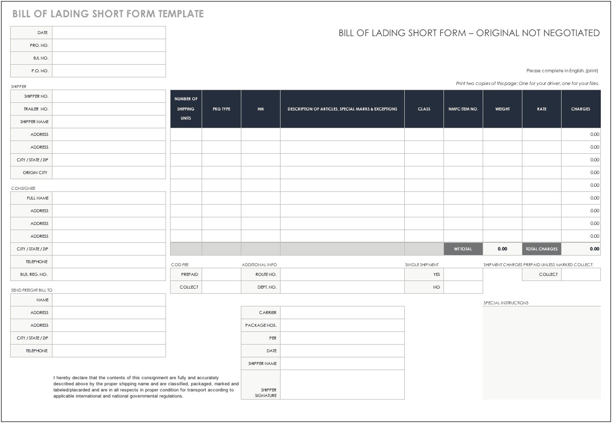 Free Online Bill Of Lading Template