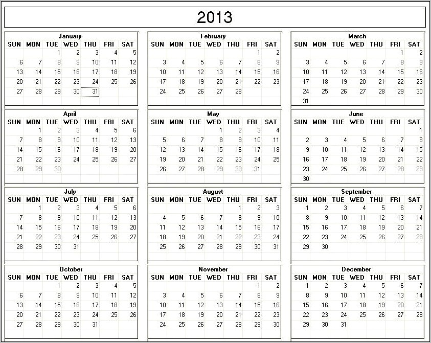 Free Printable 2013 Monthly Calendar Templates