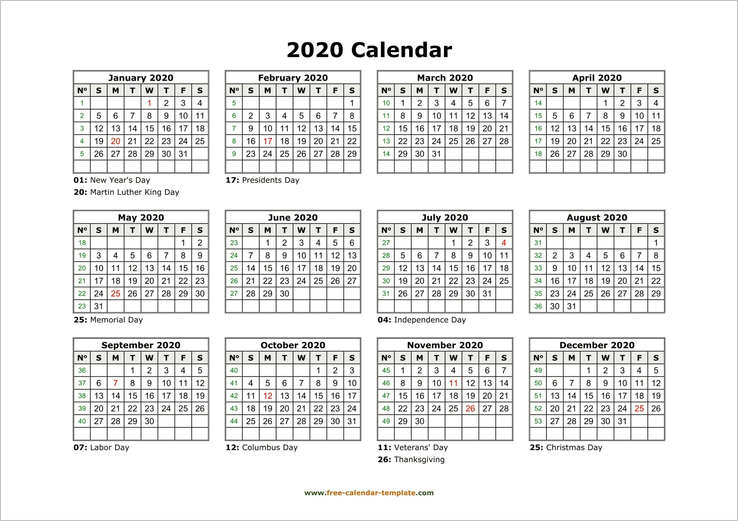 Free Printable 2020 Yearly Calendar Templates