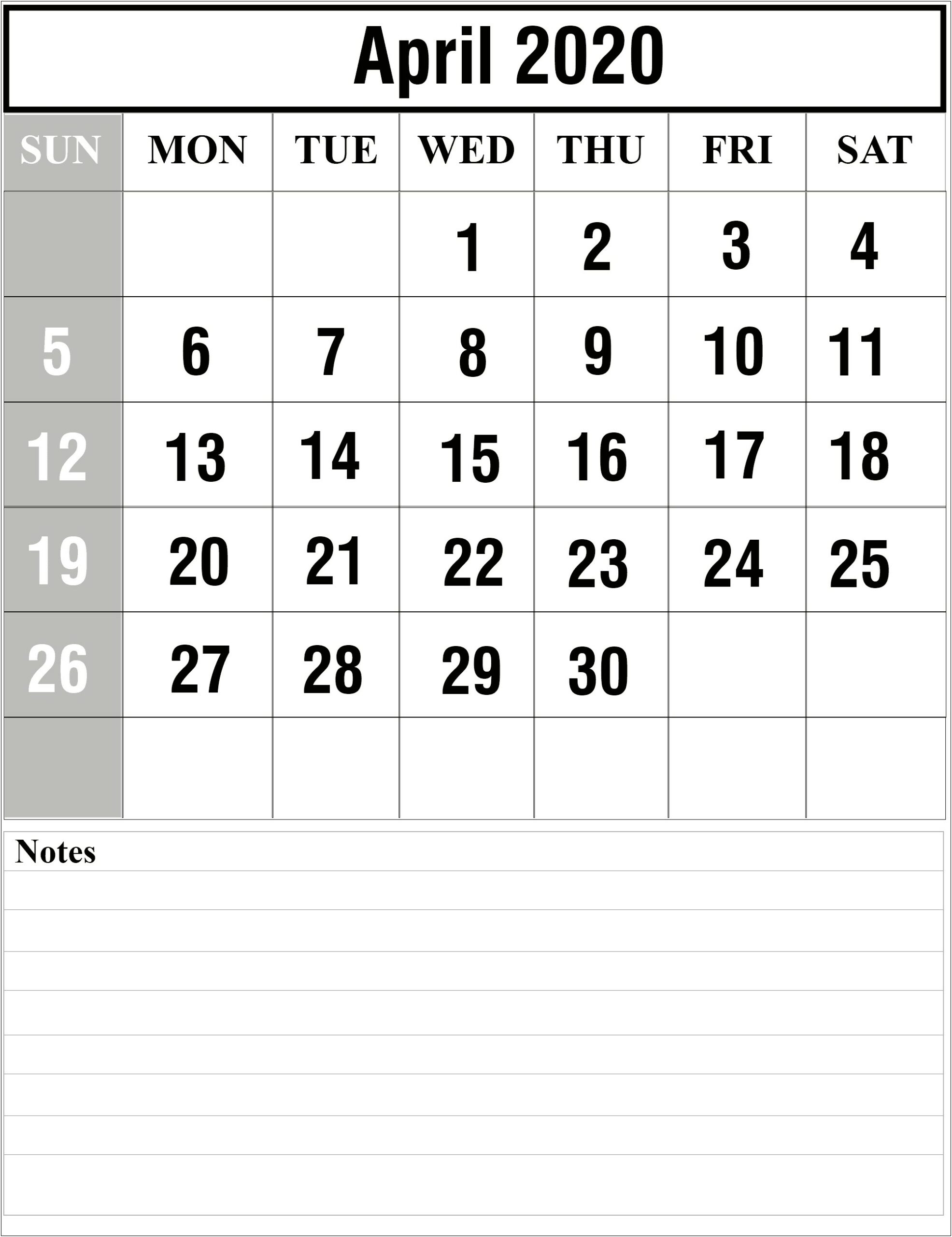 Free Printable April 2020 Calendar Template