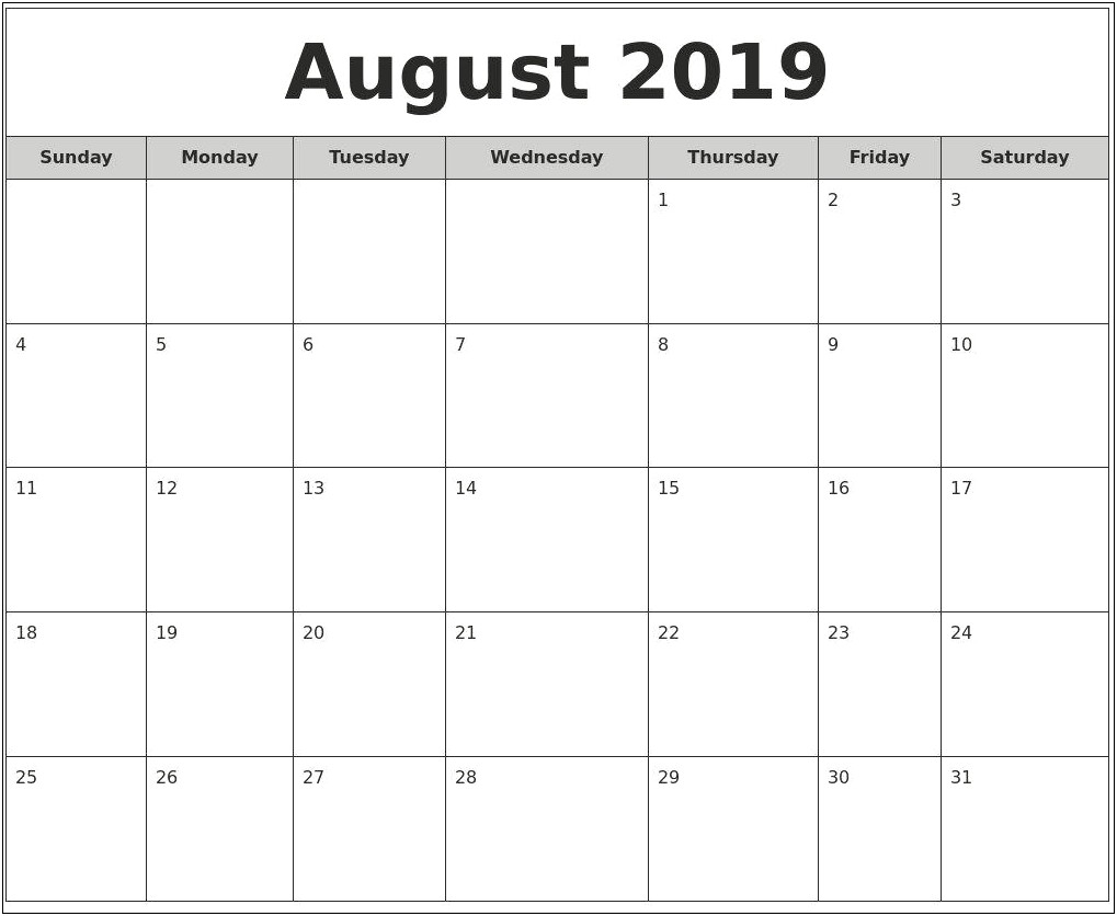 Free Printable Calendar Templates August 2019