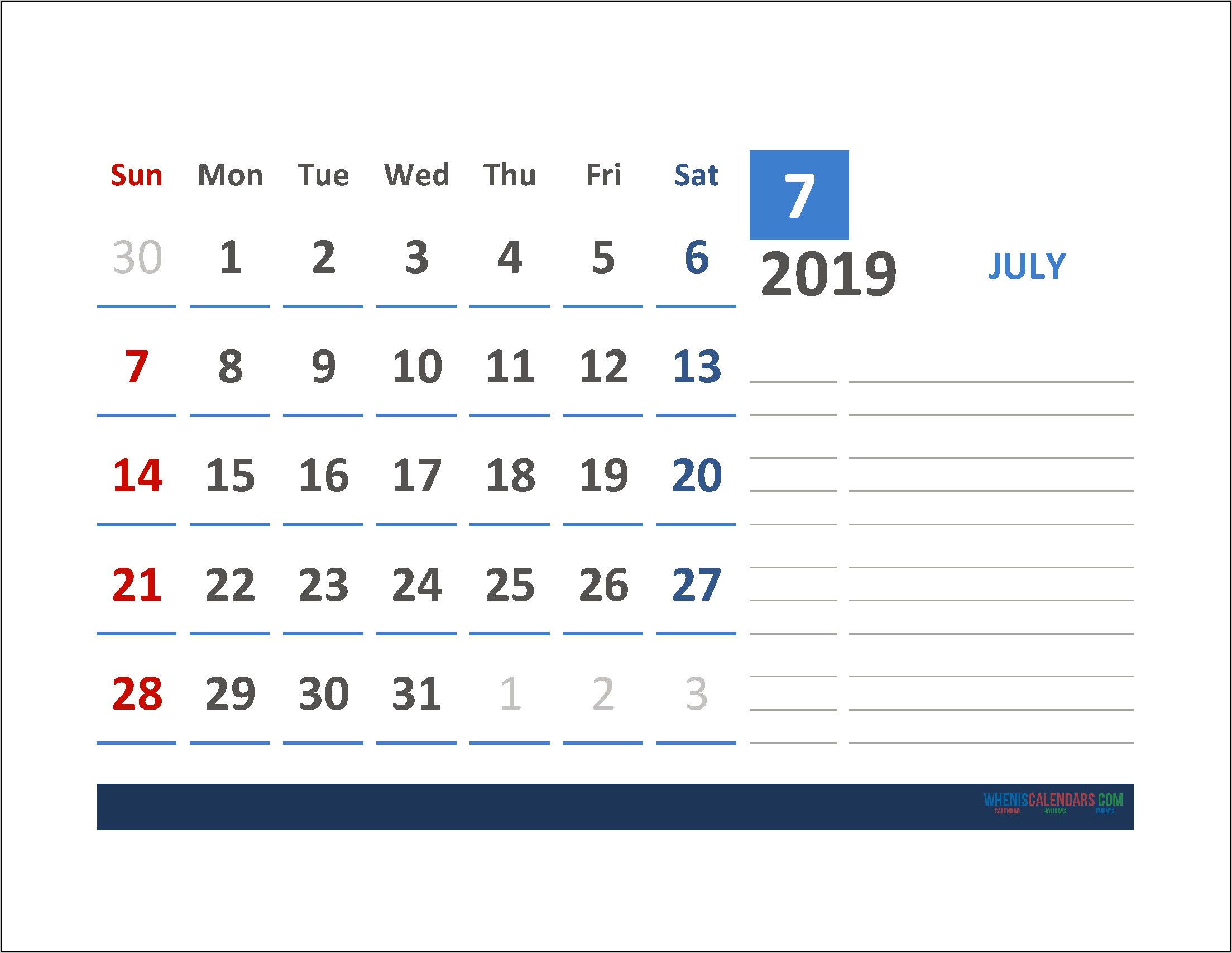 Free Printable Calendar Templates July 2019